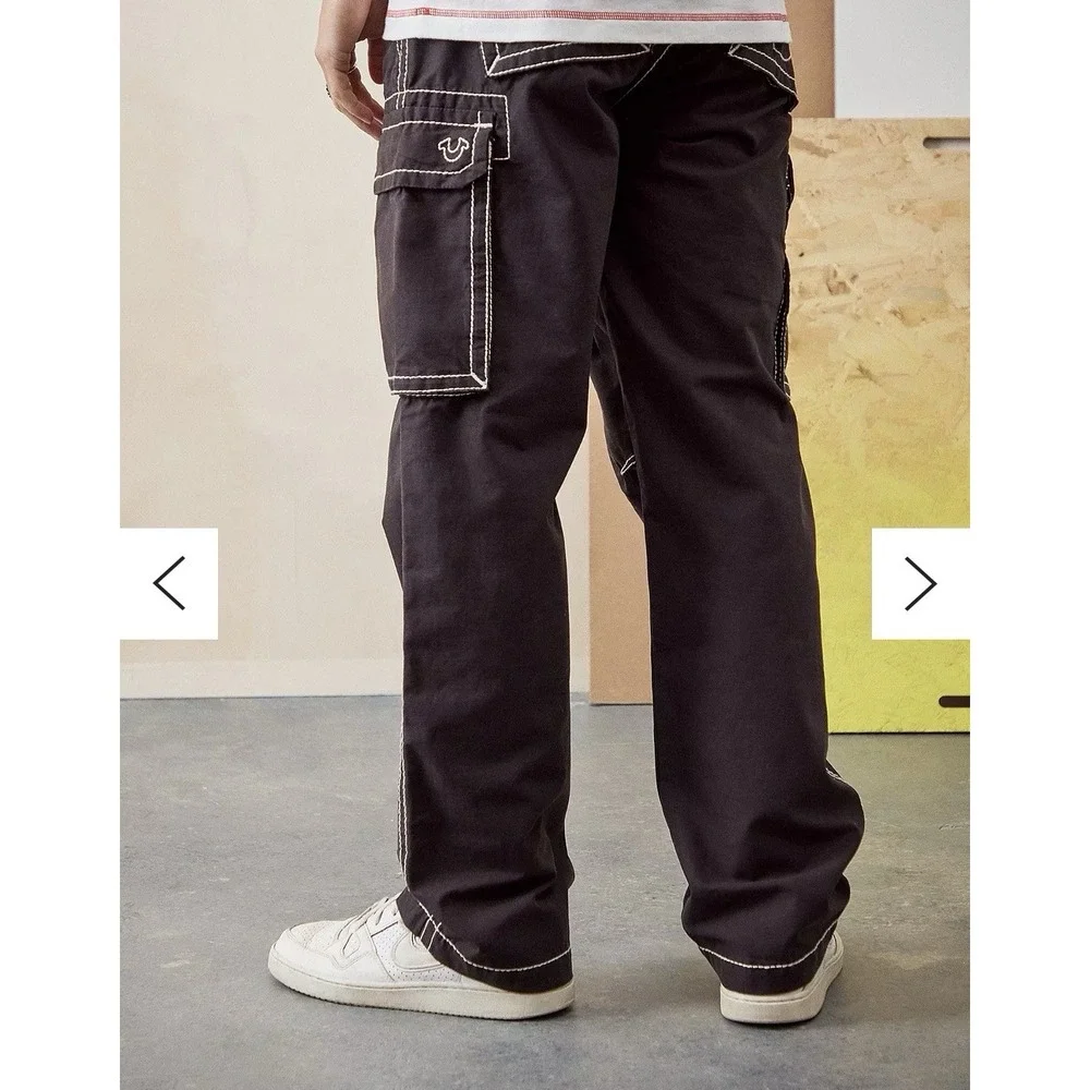 True Religion Black Big T Classic Cargo Pants Men's 40x30 Y2K Drawstring Baggy